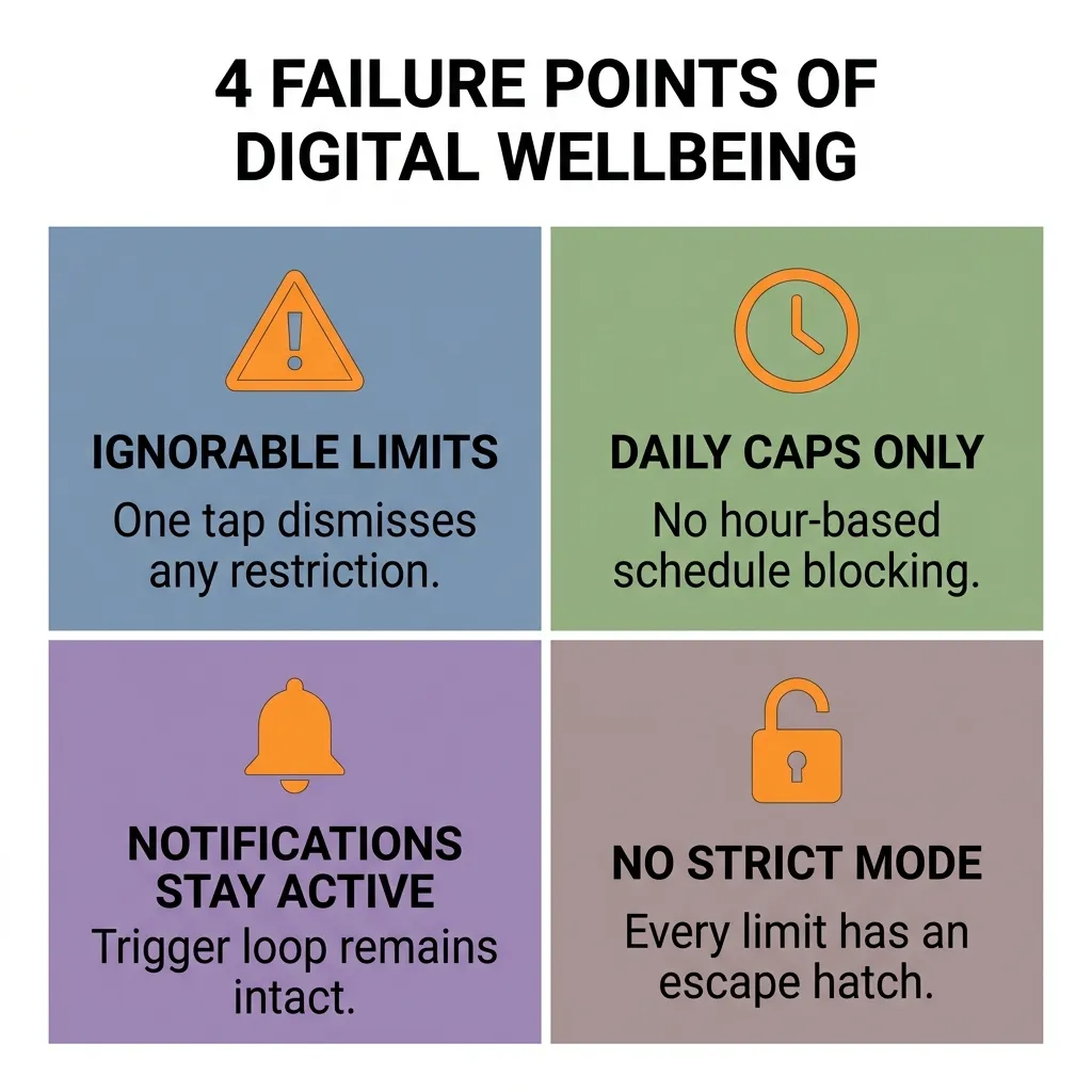 Infographic showing the four main limitations of Android Digital Wellbeing as a focus enforcement tool: ignorable limits, daily caps only, active notifications, and no strict mode