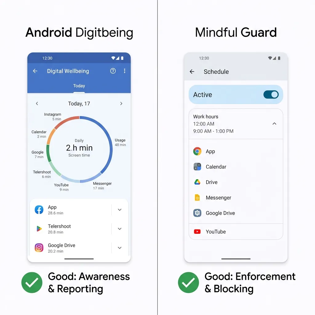 Split-screen comparison showing Android Digital Wellbeing's screen time reporting dashboard on the left versus Mindful Guard's schedule-based blocking configuration on the right