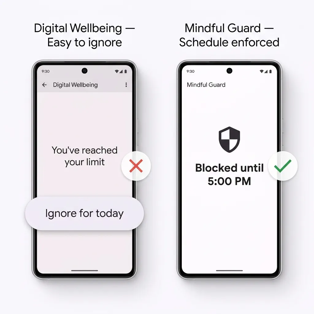 Side-by-side comparison of Android Digital Wellbeing's soft time limit screen with an ignore button versus Mindful Guard's hard schedule block screen with no override, illustrating why schedule-based blocking is more effective