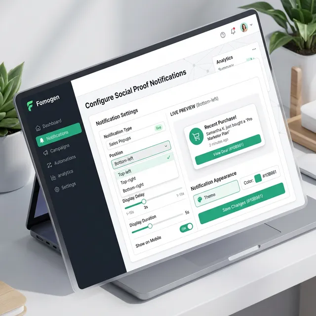 FomoGen dashboard showing how to set up a sales notification popup for Shopify