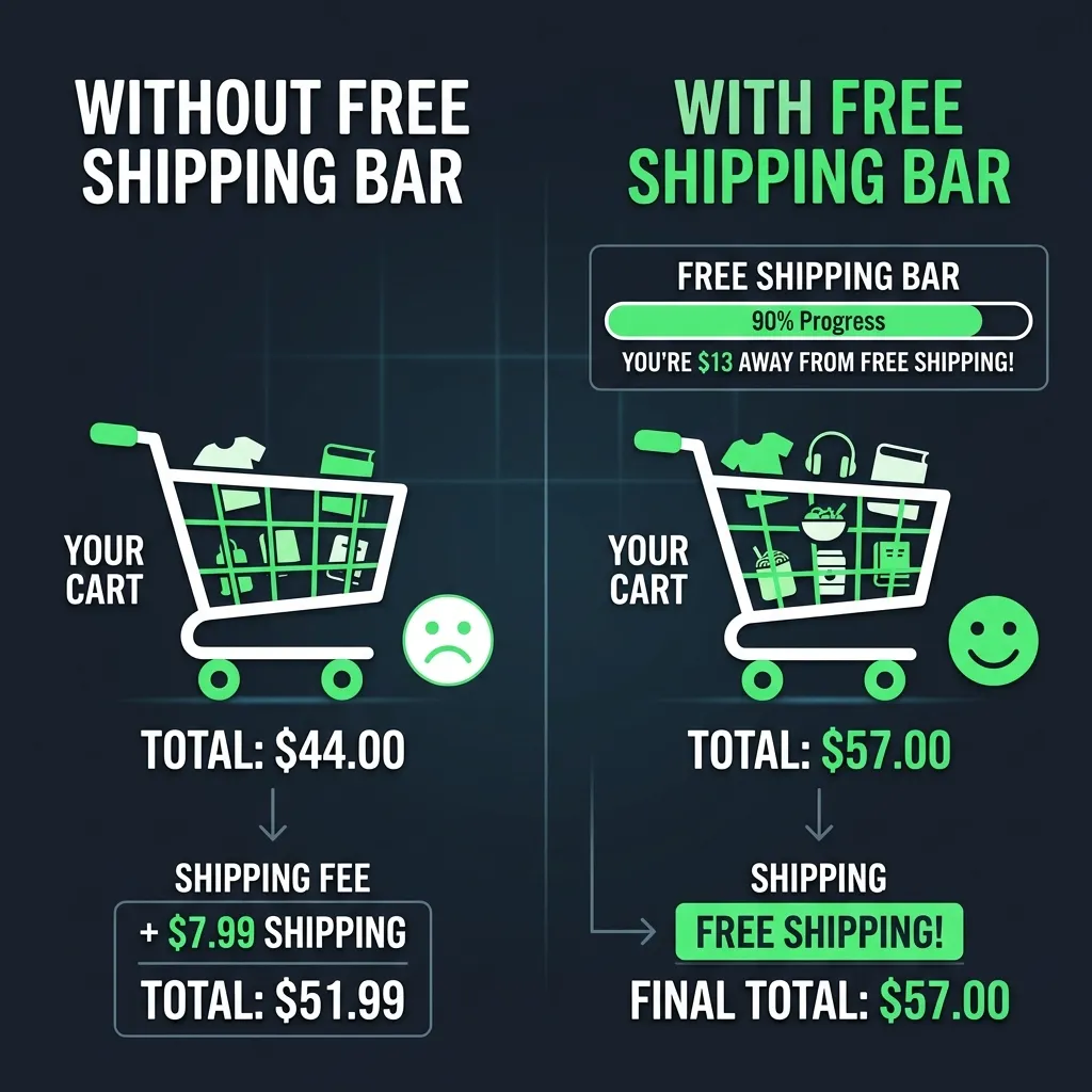 Infographic comparing Shopify average order value with and without a free shipping progress bar