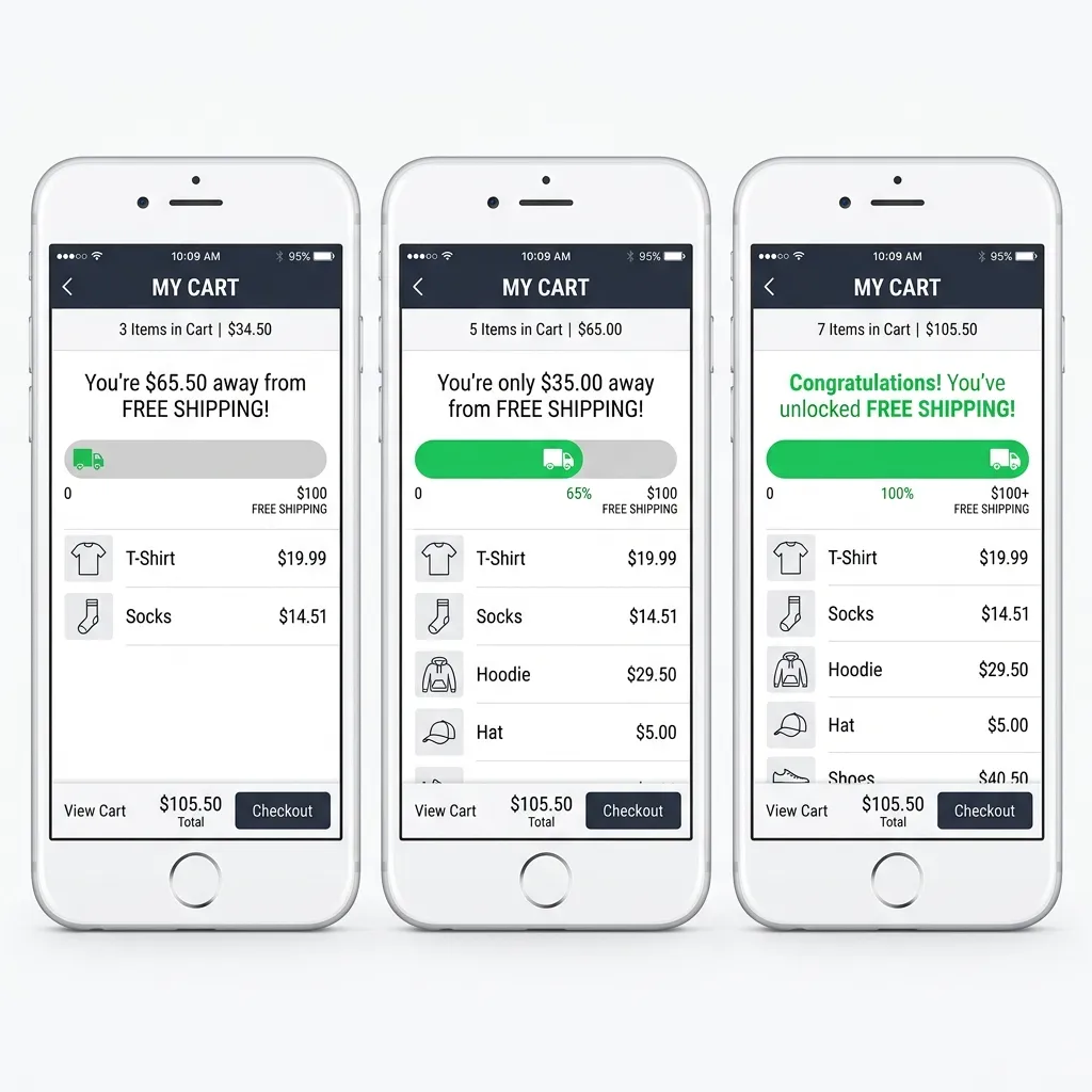 Three stages of a Shopify free shipping progress bar from empty to complete on mobile
