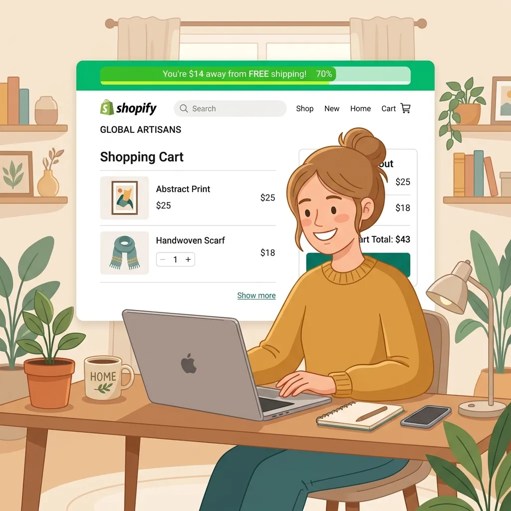Shopify store showing a free shipping progress bar at 70% with a customer about to add more items to cart