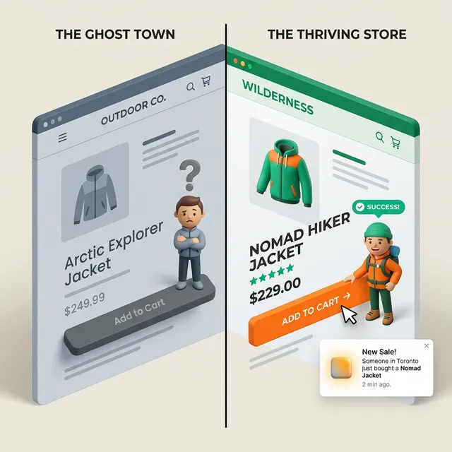 Shopify product page before and after adding a sales notification popup showing the effect on buyer confidence