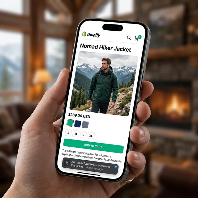 Mobile Shopify store showing a sales notification popup on a product page