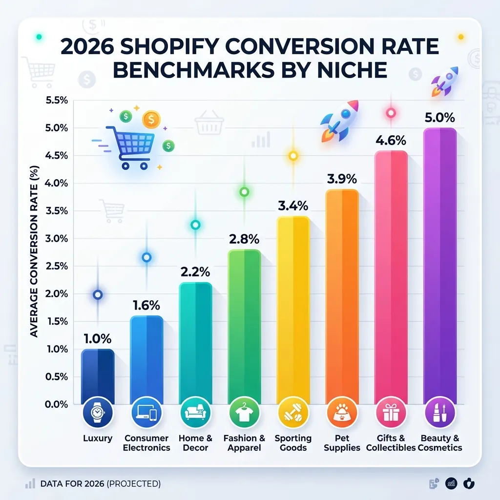Bar chart showing Shopify conversion rate benchmarks by niche for 2026, ranging from luxury at 1% to gifts and beauty at 4.5-5%