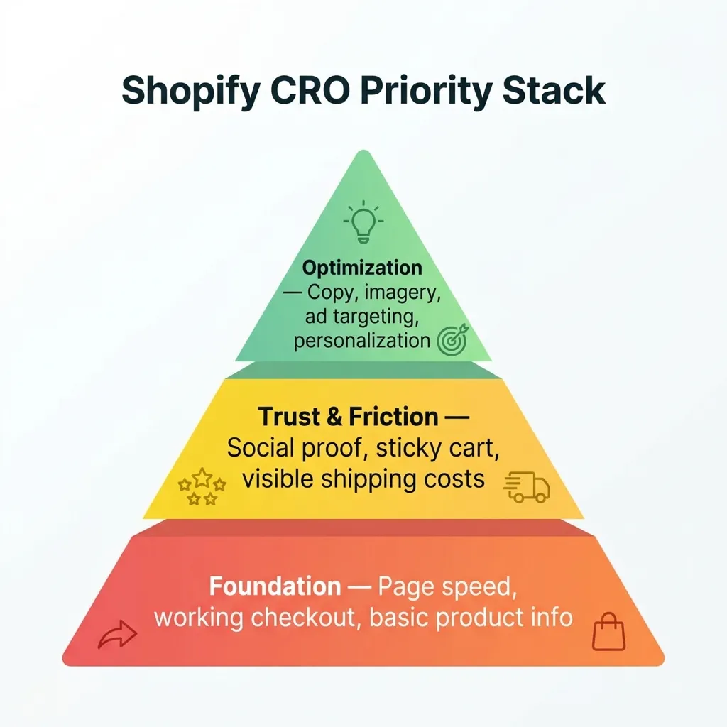 Three-tier pyramid showing the priority order of Shopify conversion rate optimization from foundation fixes to advanced optimization